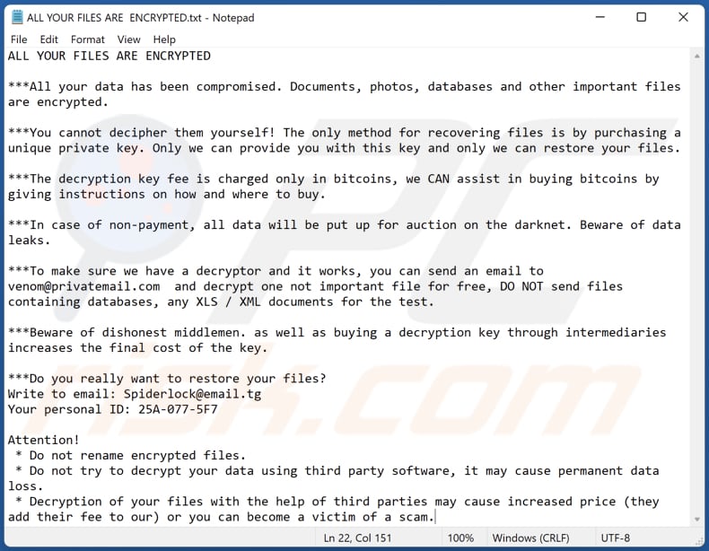 Spiderlock ransomware text file (ALL YOUR FILES ARE  ENCRYPTED.txt)