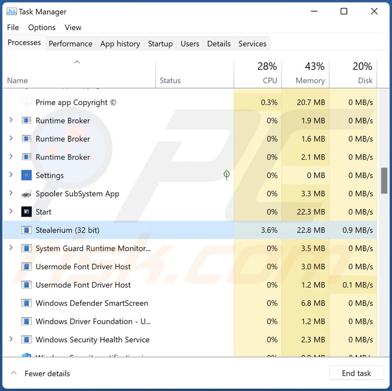 stealerium malware process running in task manager