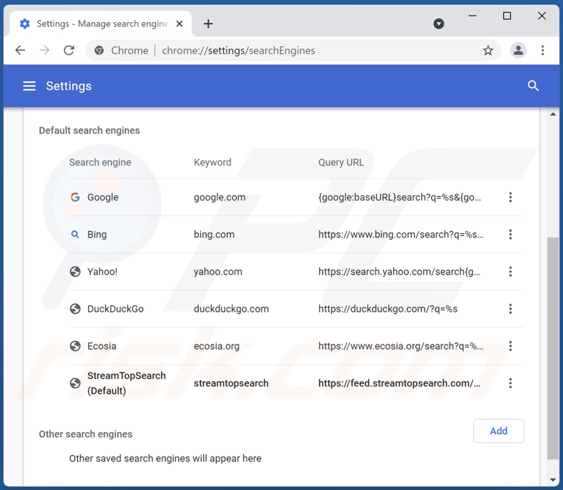 Removing streamtopsearch.com from Google Chrome default search engine