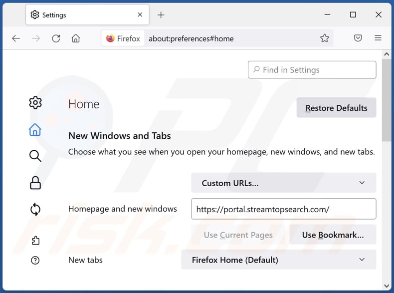 Removing streamtopsearch.com from Mozilla Firefox homepage