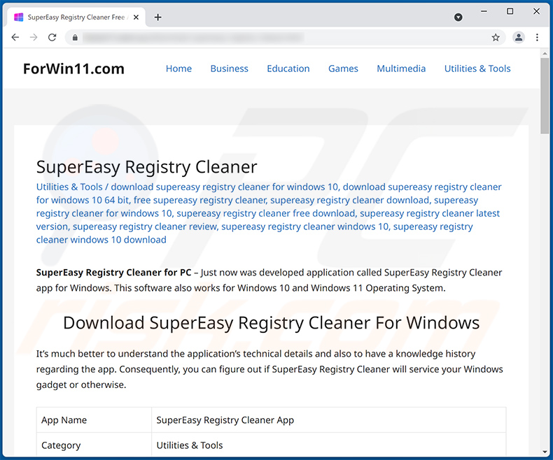 Deceptive site promoting SuperEasy Registry Cleaner unwanted application