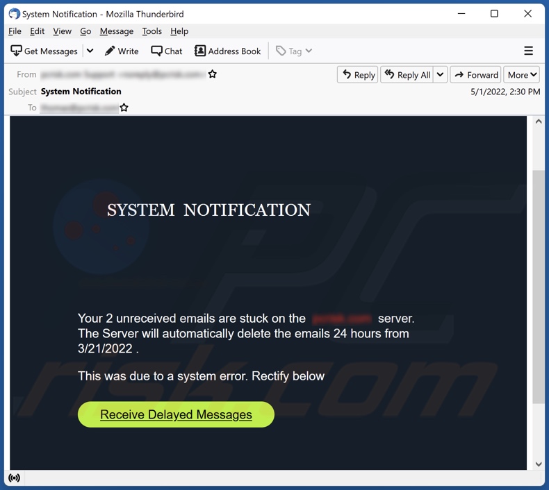 SYSTEM NOTIFICATION scam email another variant