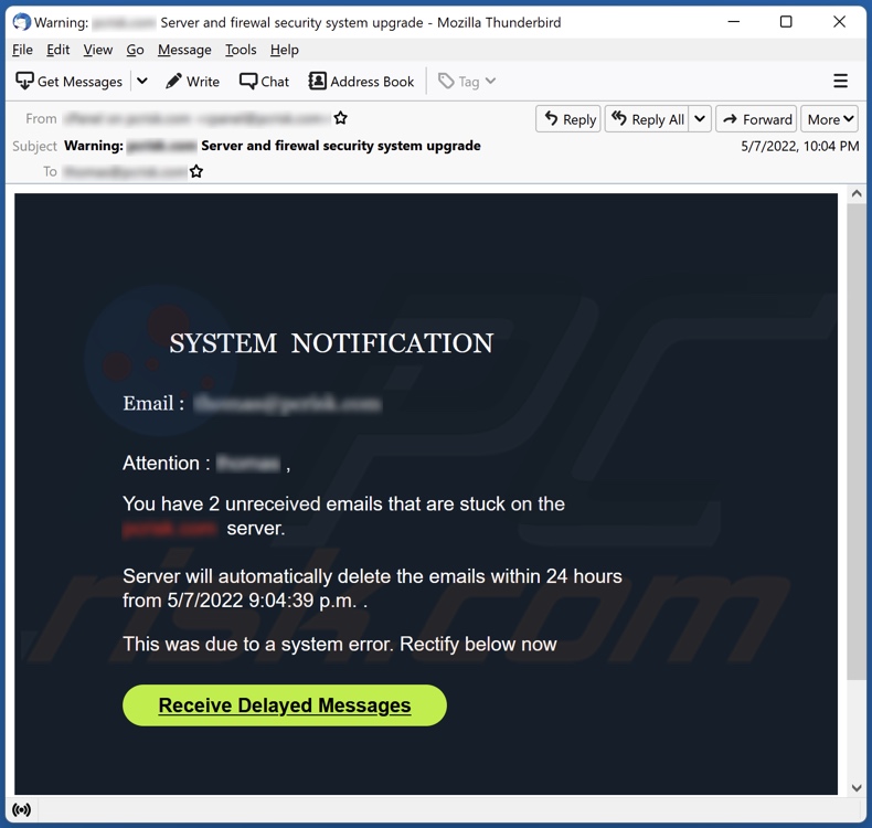 SYSTEM NOTIFICATION scam email variant