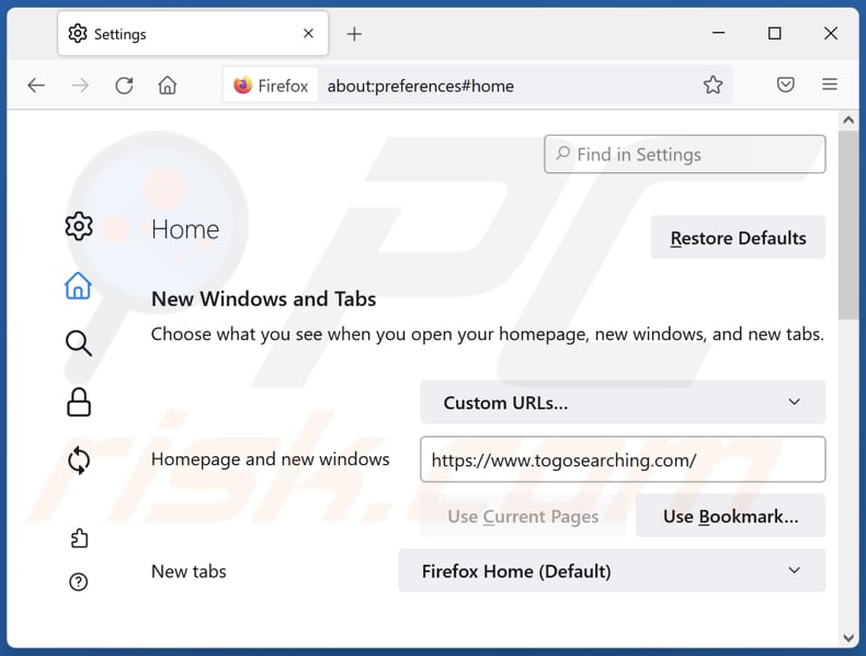 Removing togosearching.com from Mozilla Firefox homepage