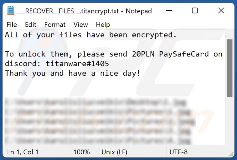 Titancrypt ransomware text file (___RECOVER__FILES__.titancrypt.txt)
