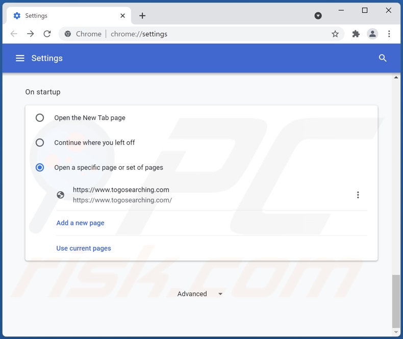Removing togosearching.com from Google Chrome homepage