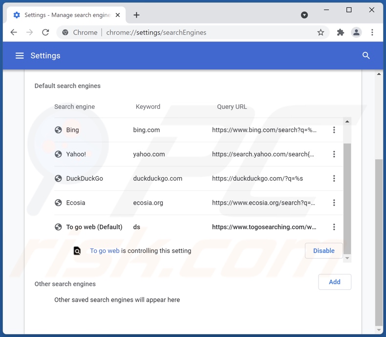 Removing togosearching.com from Google Chrome default search engine