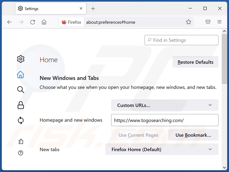Removing togosearching.com from Mozilla Firefox homepage