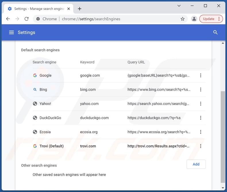 Removing trovi.com from Google Chrome default search engine