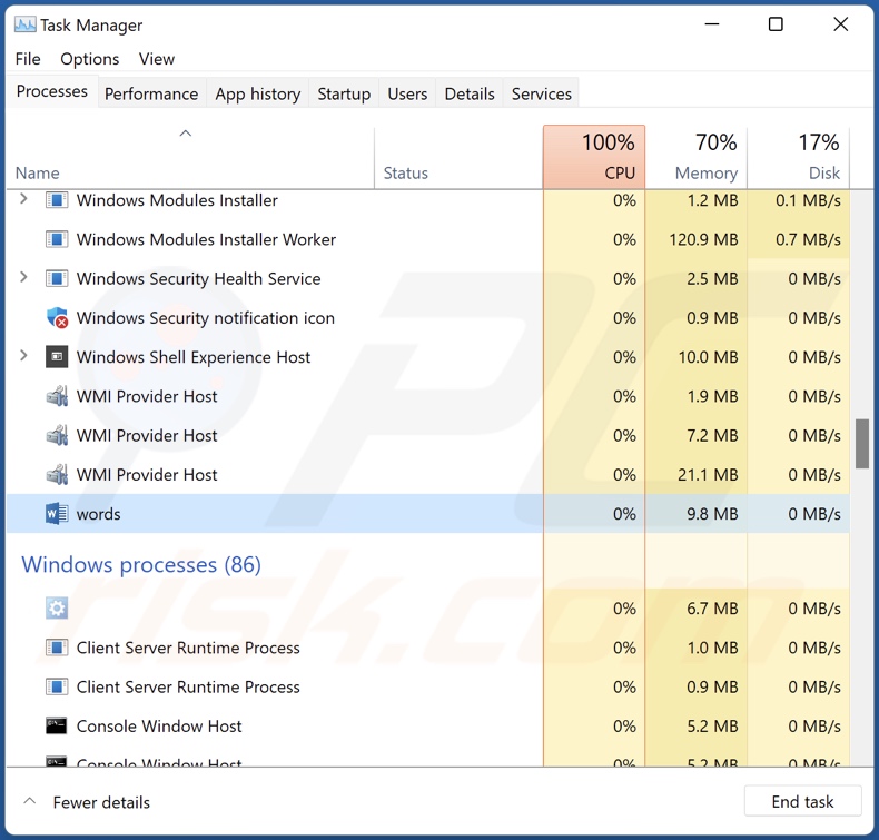 Words malware process on Task Manager (words - process name)