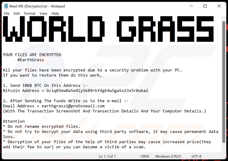 WORLD GRASS ransomware ransom-demanding message (Read ME (Decryptor).txt)