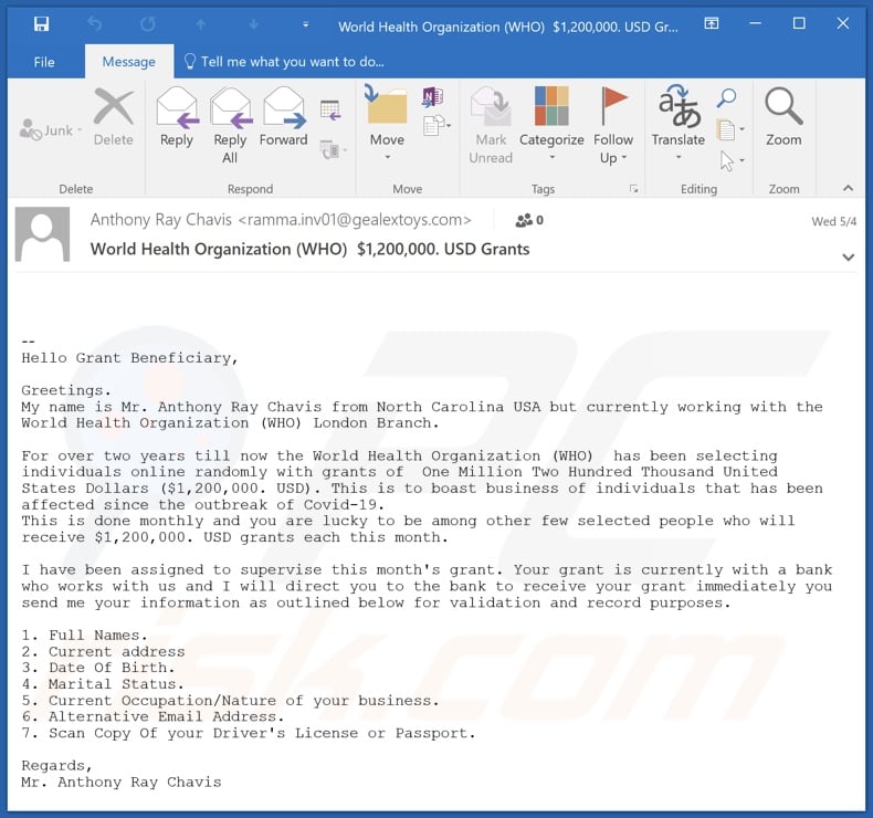 World Health Organization Beneficiary email spam campaign