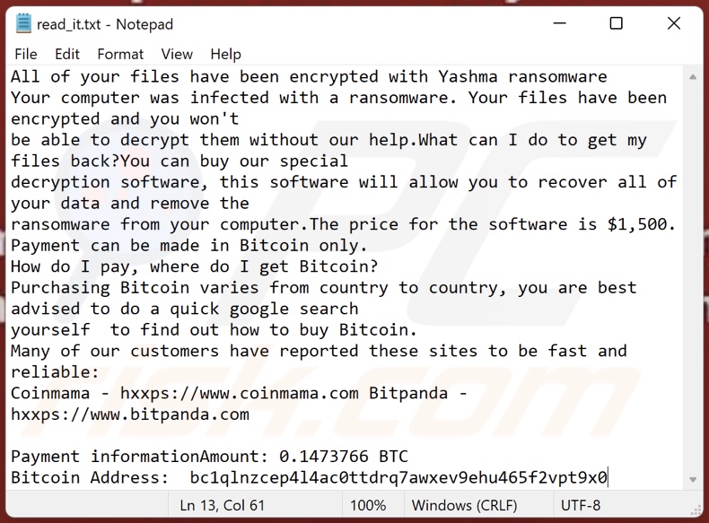 Yashma ransomware ransom-demanding message (read_it.txt)