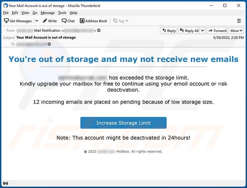 You're out of storage and may not receive new emails spam promoting a phishing site