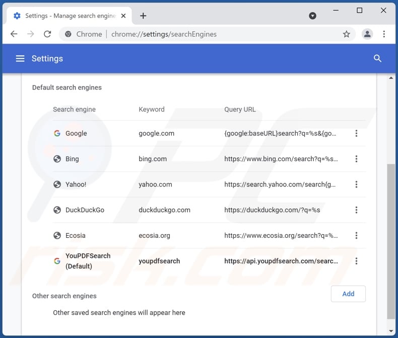 Removing youpdfsearch.com from Google Chrome default search engine