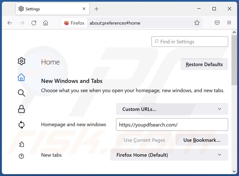Removing youpdfsearch.com from Mozilla Firefox homepage