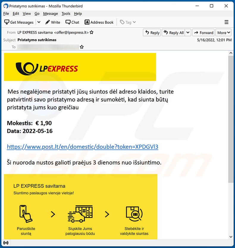 Your Address Is Invalid LPExpress email scam (2022-05-20)