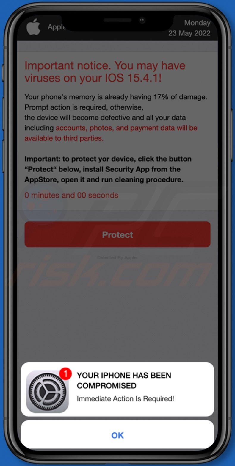 YOUR IPHONE HAS BEEN COMPROMISED pop-up scam (2022-05-23)