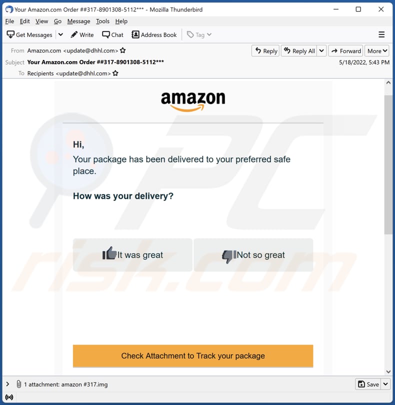 Your Package Has Been Delivered To Your Preferred Safe Place malware-spreading email