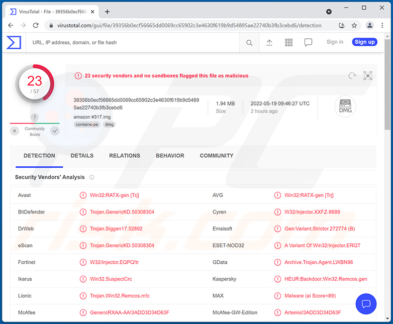 Detections of malicious file distributed via Your Package Has Been Delivered To Your Preferred Safe Place spam email