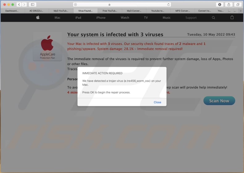 your system is infected with 3 viruses scam pop-up window