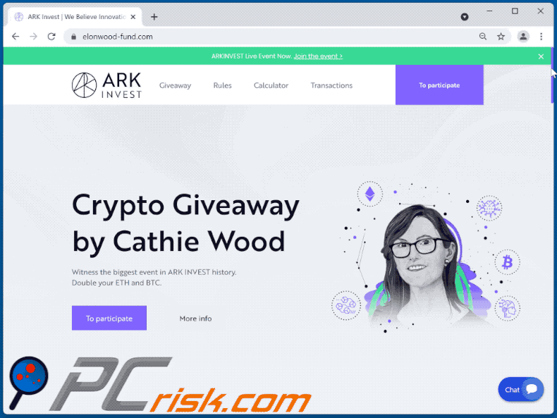 Appearance of ARK Invest Crypto Giveaway scam (GIF)