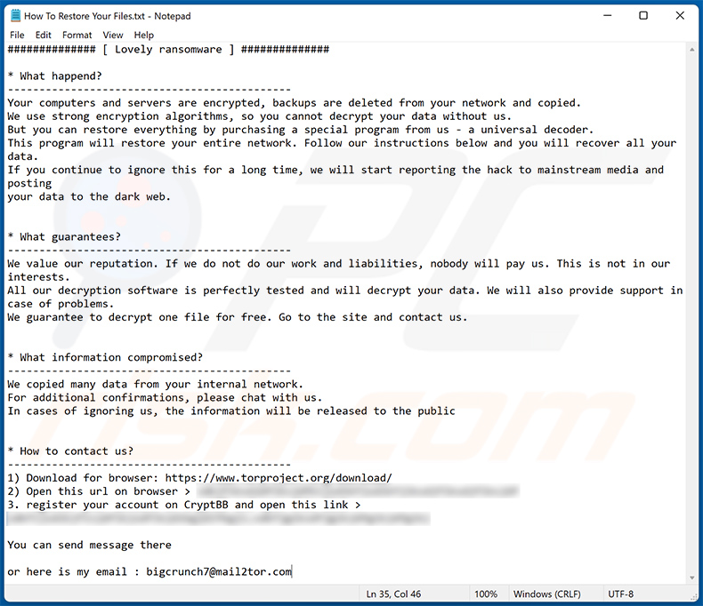 Lovely (Babyk) ransomware note - How To Restore Your Files.txt