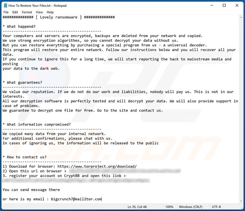 Lovely (Babyk) ransomware note - How To Restore Your Files.txt