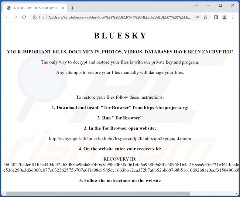 BlueSky ransomware ransom-demanding message (# DECRYPT FILES BLUESKY #.html)