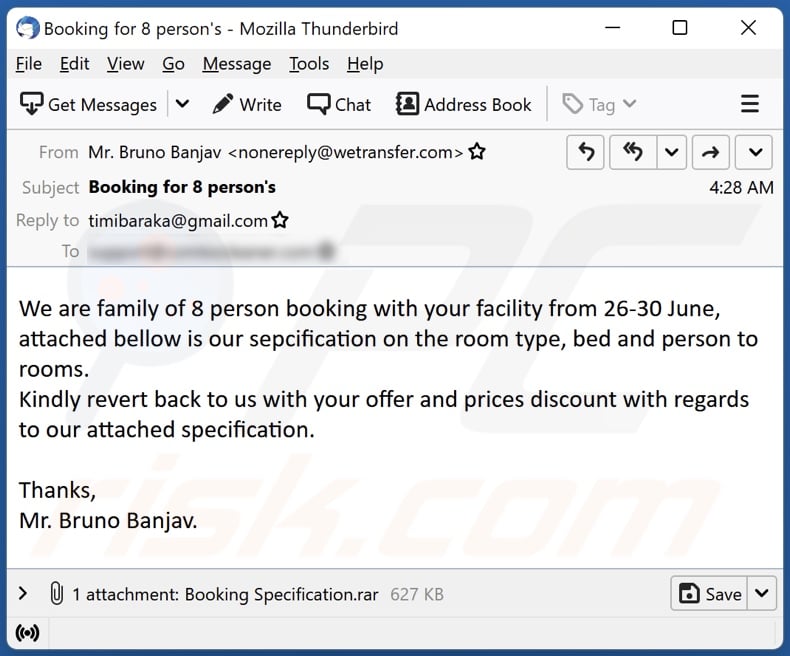 Booking Offer email spam campaign