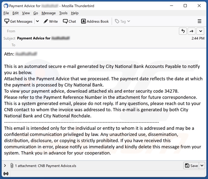 City National Bank email spam campaign