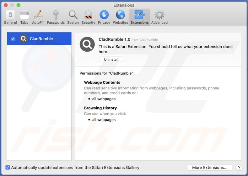 CladRumble adware installed onto Safari