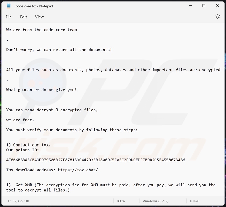 Code Core ransomware ransom-demanding message (code core.txt)