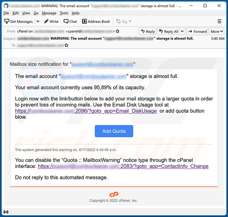 cPanel-themed spam email used to promote a phishing site (2022-06-17)