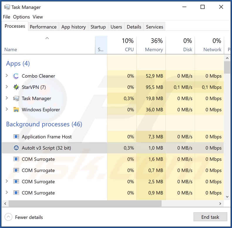 CryptoWallet Address Replacing Virus process example on Task Manager