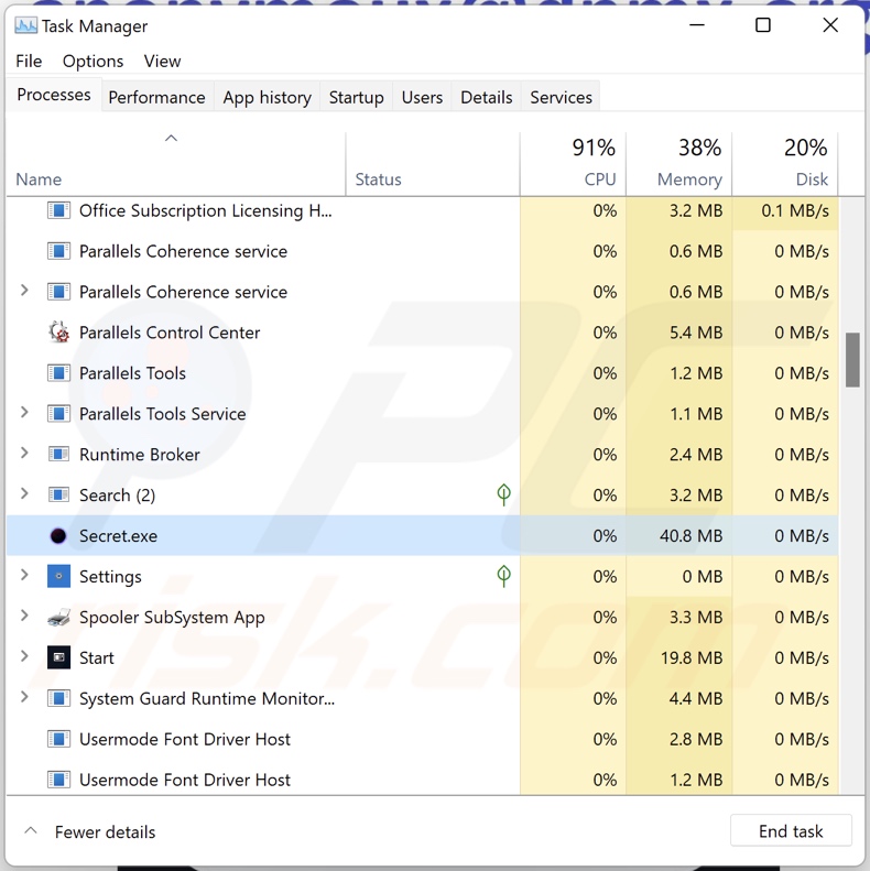 Dark Web Hacker ransomware process on Task Manager (Secret.exe)