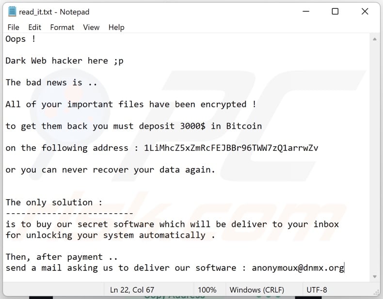 Dark Web Hacker ransomware ransom-demanding message (read_it.txt)