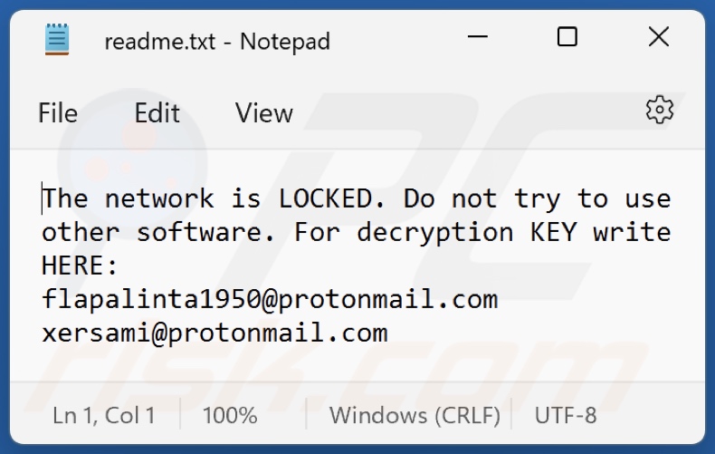 DENO ransomware ransom-demanding message (readme.txt)