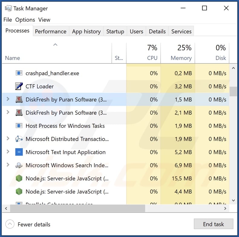 DiskFresh malware process on Task Manager (DiskFresh by Puran Software - process name)