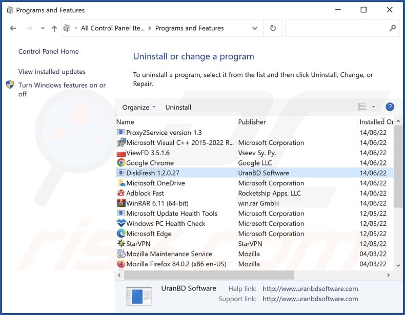 DiskFresh uninstall via Control Panel
