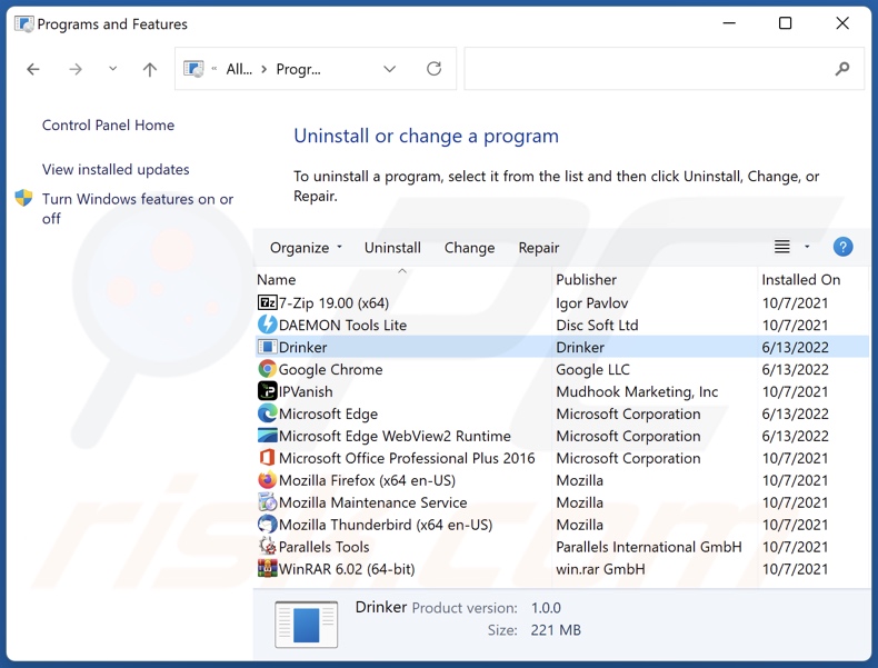 Drinker adware uninstall via Control Panel