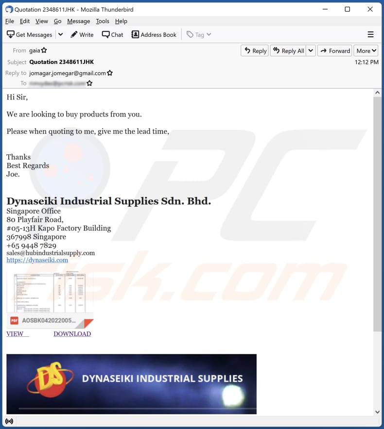 Dynaseiki Industrial Supplies malware-spreading email