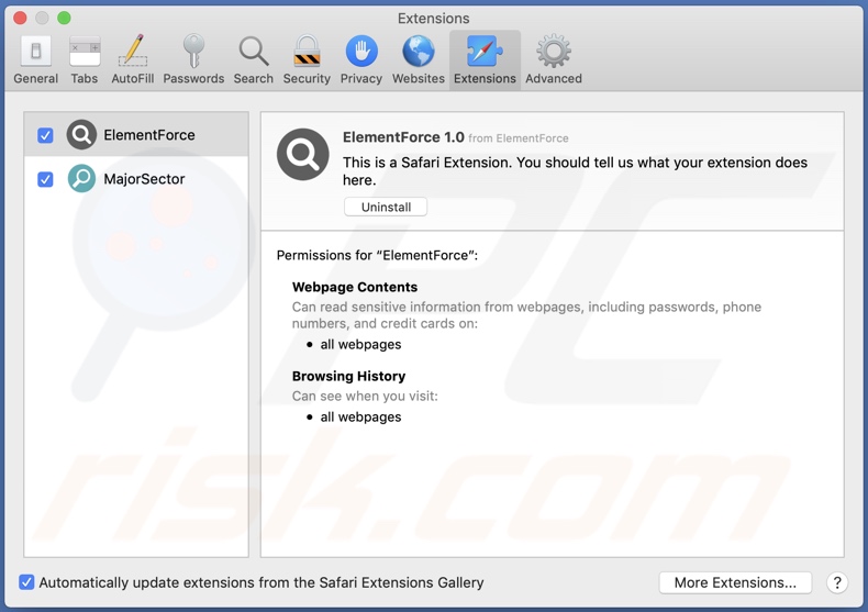 ElementForce adware installed onto Safari