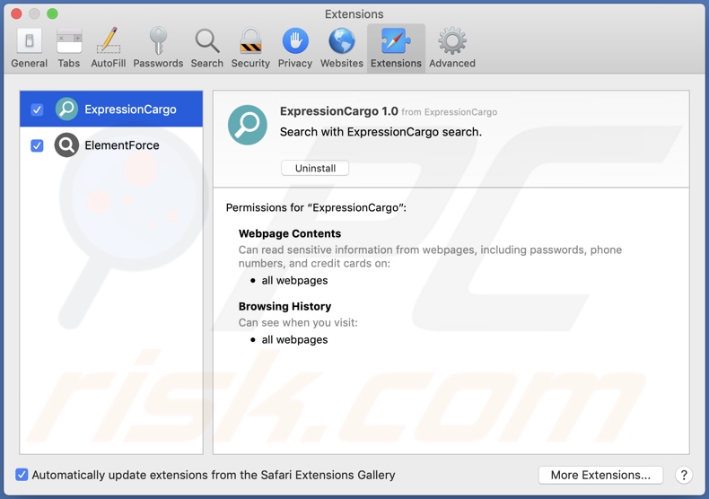 ExpressionCargo adware installed onto Safari