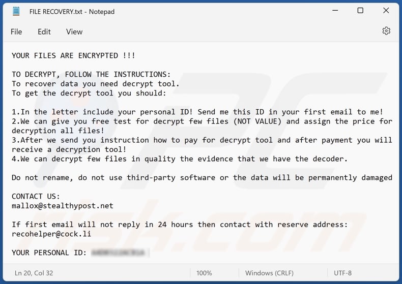 FARGO ransomware ransom-demanding message (FILE RECOVERY.txt)