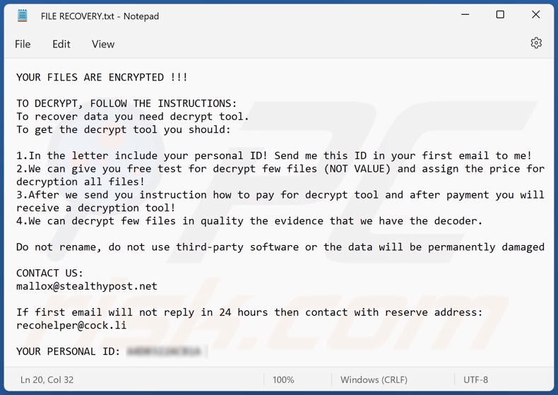 FARGO ransomware ransom-demanding message (FILE RECOVERY.txt)