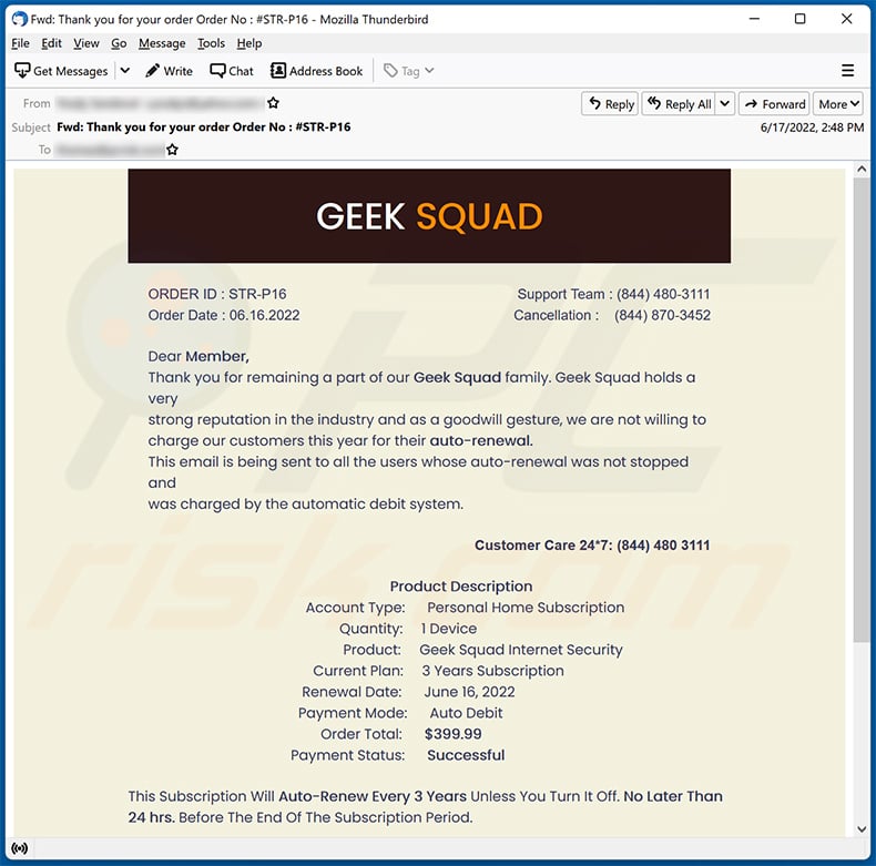 Geek Squad-themed spam email (2022-06-20)