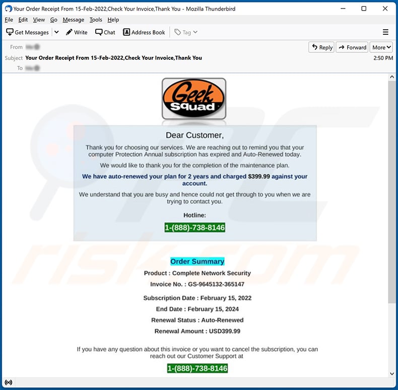 Geek Squad-themed spam email (2022-06-21)
