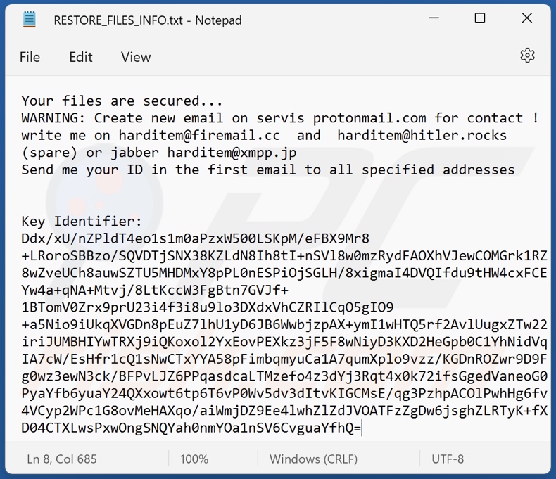 Harditem ransomware ransom-demanding message (RESTORE_FILES_INFO.txt)