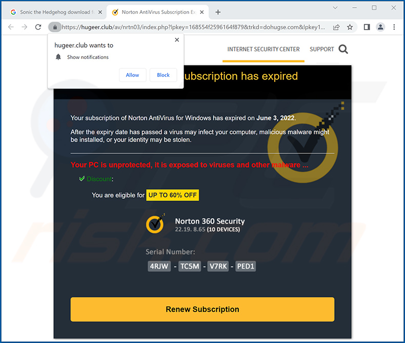 huuger[.]club promoting norton subscription scam (2022-06-07)